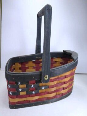 Patriotic Boat Basket Americana woven wood with moving handle painted flag